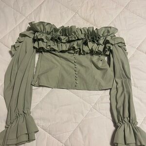 PrettyLittleThing Ruffled Off-Shoulder Blouse in Olive